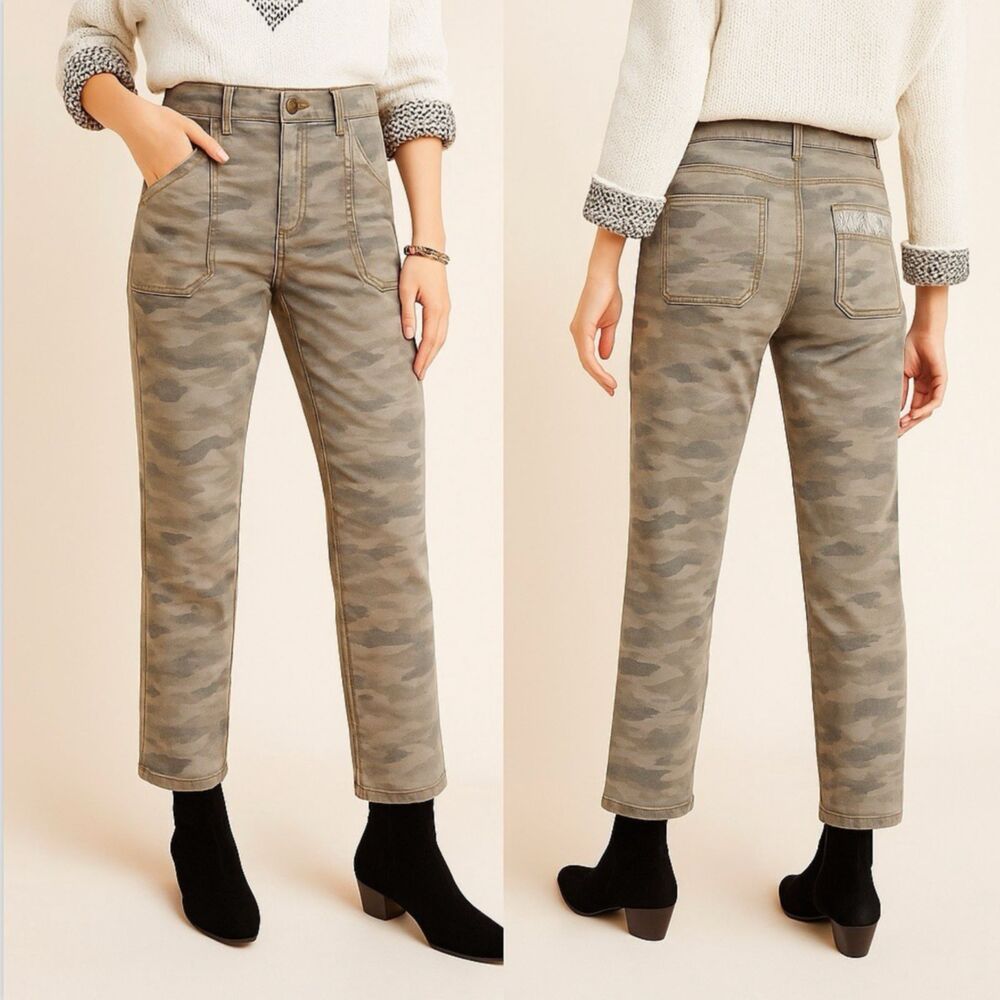 Anthropologie Camo Utility Straight Leg Pants Embroidered Mid Rise Ankle 30 Chic